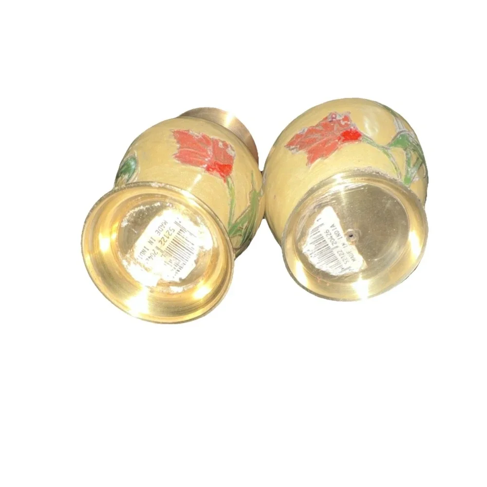 10/Vintage Solid Brass Hand Floral Painted Enamels Flower Vase 2 pieces 5''